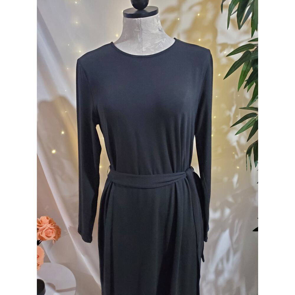 Garnet Hill Linden Knit Column Maxi Slit Dress Womens Size M Black Tie Waist Eco - Picture 3 of 11